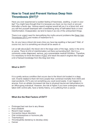 How to Treat and Prevent Various Deep Vein Thrombosis