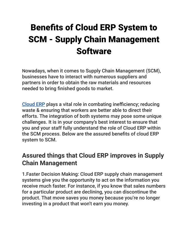 benefits of cloud erp system to scm supply chain