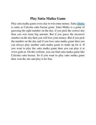 Play Satta Matka Game