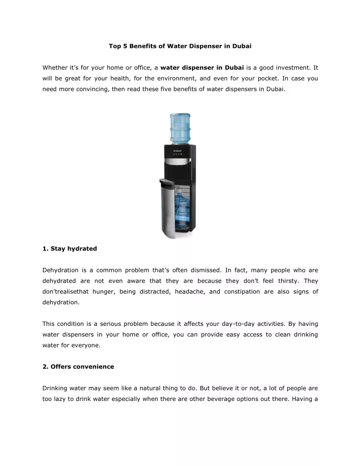 top 5 benefits of water dispenser in dubai