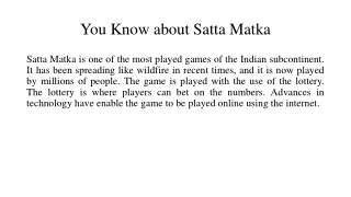 You Know about Satta Matka