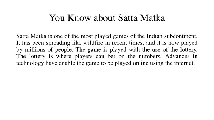 you know about satta matka