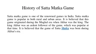 History of Satta Matka Game