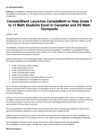 CanadaQBank Launches CanadaMath to Help Grade 7 to 12 Math Students Excel