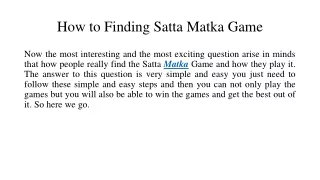 How to Finding Satta Matka Game