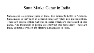 Satta Matka Game in India