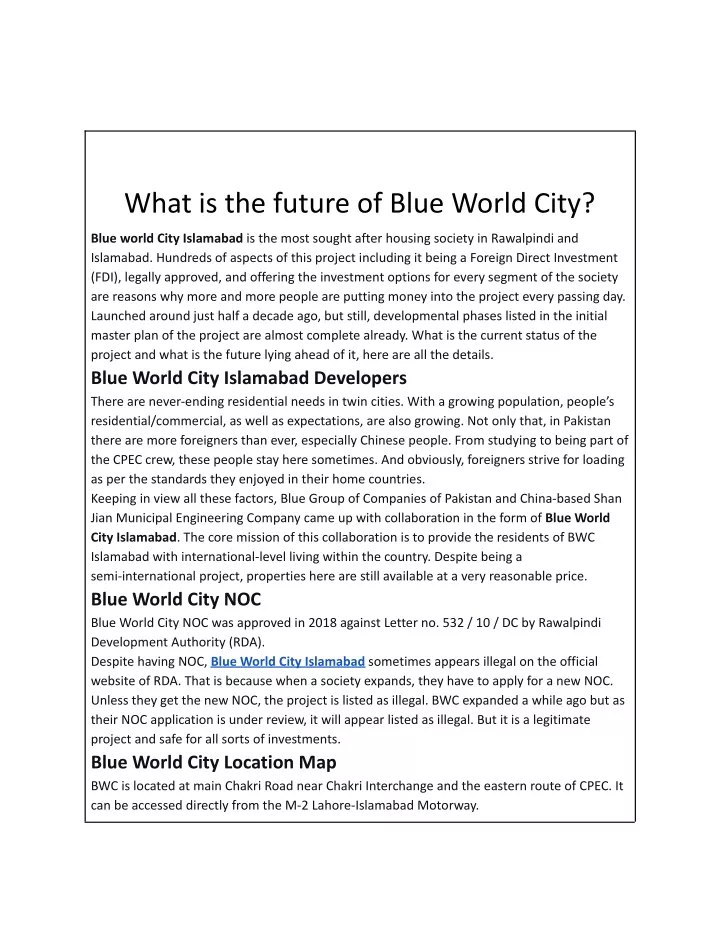 what is the future of blue world city