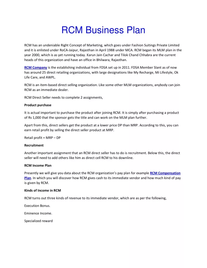 rcm business plan