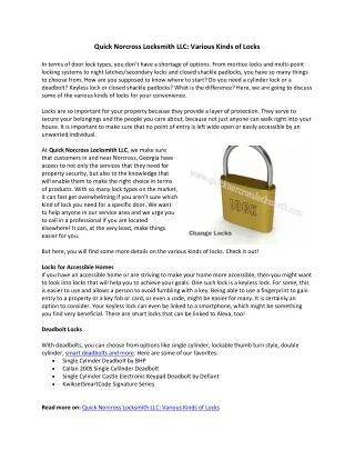 Various Kinds of Locks in Norcross GA