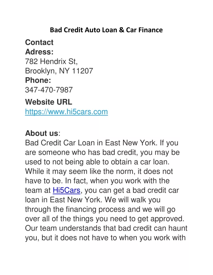 bad credit auto loan car finance contact adress