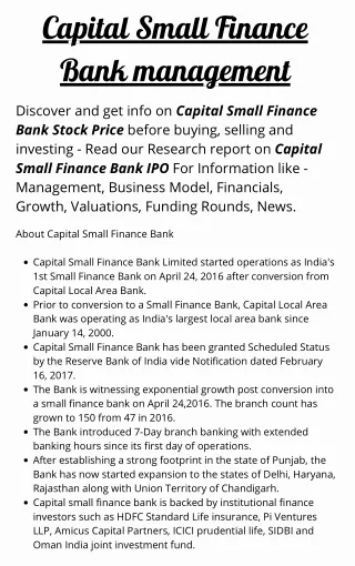 Capital Small Finance Bank Board of Directors