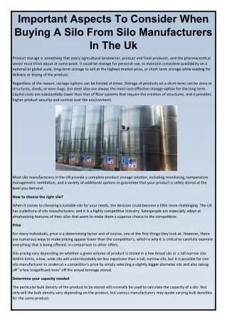 Important Aspects To Consider When Buying A Silo From Silo Manufacturers In The Uk