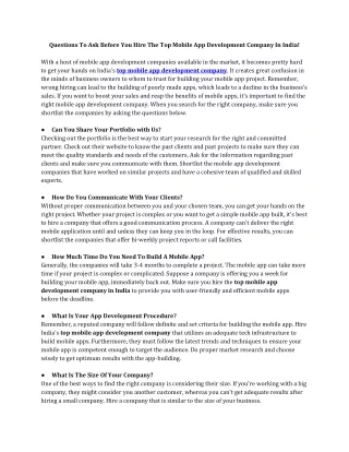 Questions To Ask Before You Hire The Top Mobile App Development Company In India!