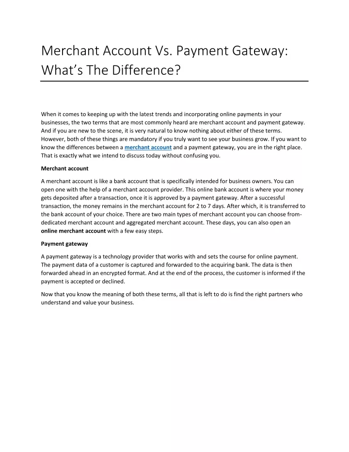 merchant account vs payment gateway what