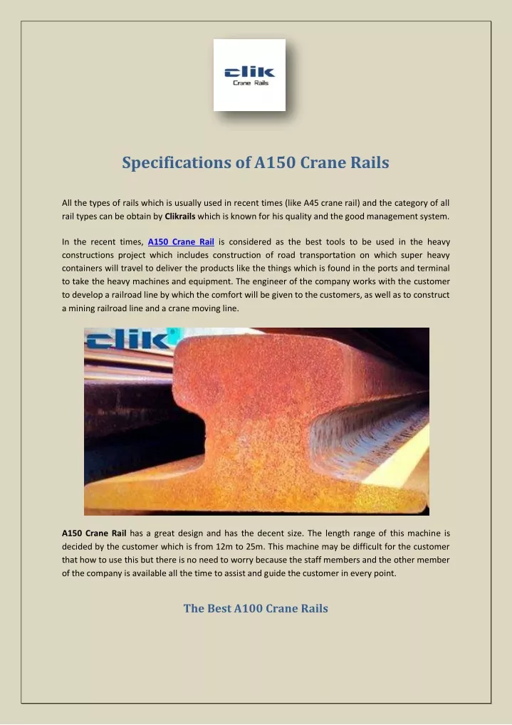 specifications of a150 crane rails