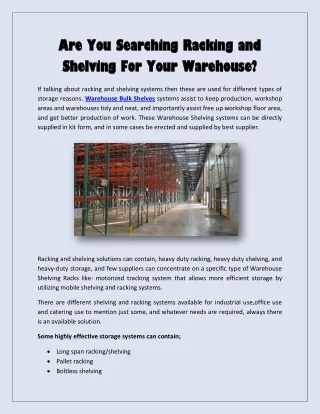 Are You Searching Racking and Shelving For Your Warehouse