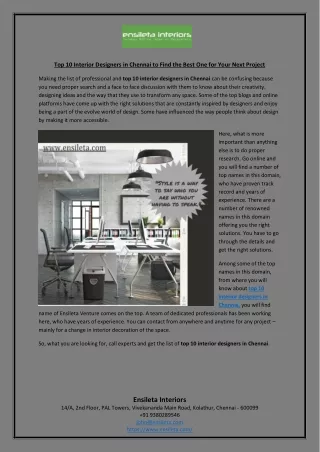 Top 10 Interior Designers in Chennai to Find the Best One for Your Next Project