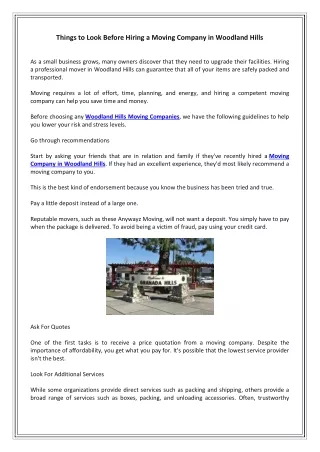 Things To Look Before Hiring A Moving Company In Woodland Hills