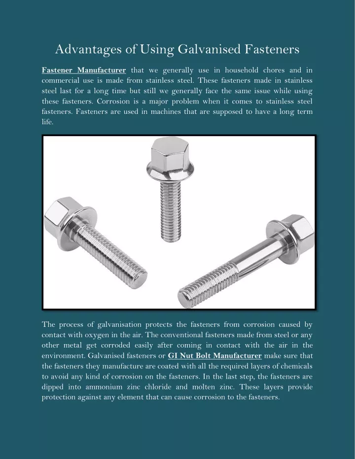advantages of using galvanised fasteners