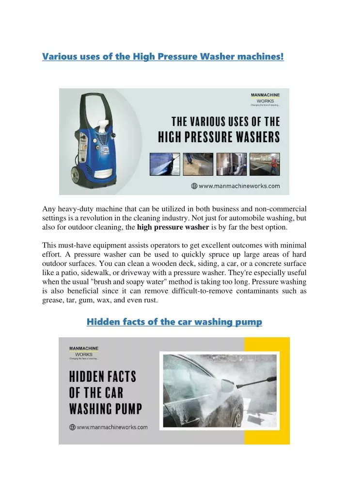 various uses of the high pressure washer machines