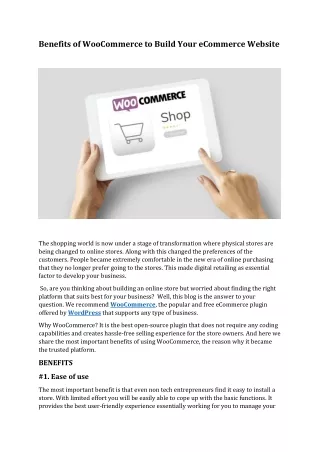 Benefits of Woo Commerce to Build Your eCommerce Website