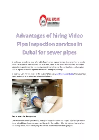 Advantages of hiring Video Pipe inspection services in Dubai for sewer pipes