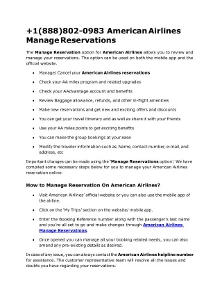1(888)802-0983 American Airlines Manage Reservations