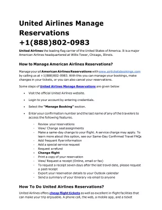 1(888)802-0983 United Airlines Manage Reservations