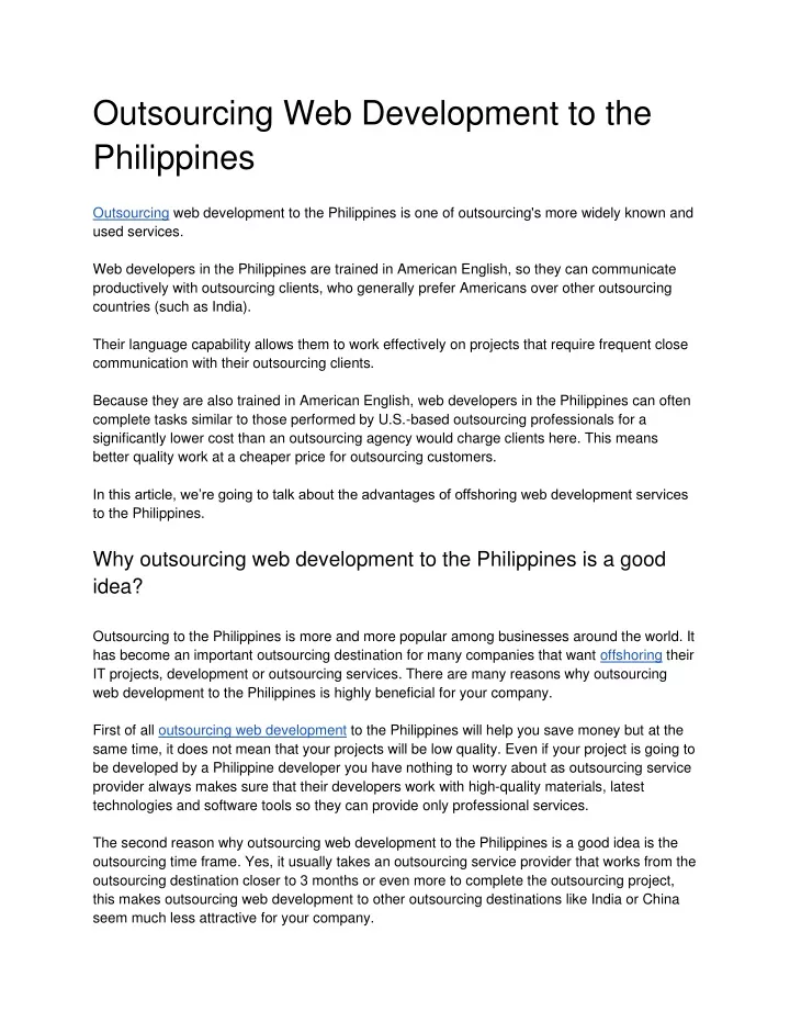 outsourcing web development to the philippines