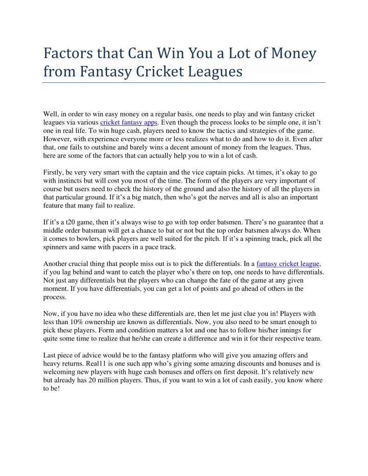 Ppt Factors That Can Win You A Lot Of Money From Fantasy Cricket