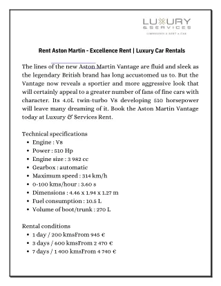 Rent Aston Martin - Excellence Rent  Luxury Car Rentals