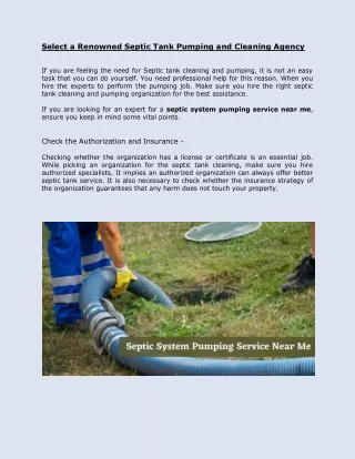 Select a Renowned Septic Tank Pumping and Cleaning Agency