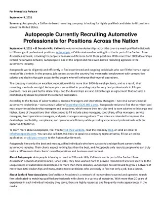 Autopeople Currently Recruiting Automotive Professionals for Positions Across th
