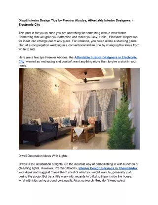 Diwali Interior Design Tips by Premier Abodes, Affordable Interior Designers in Electronic City