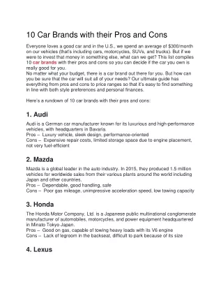 10 Car Brands with their Pros and Cons