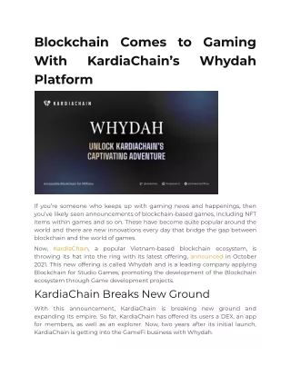 Blockchain Comes to Gaming With KardiaChain’s Whydah Platform