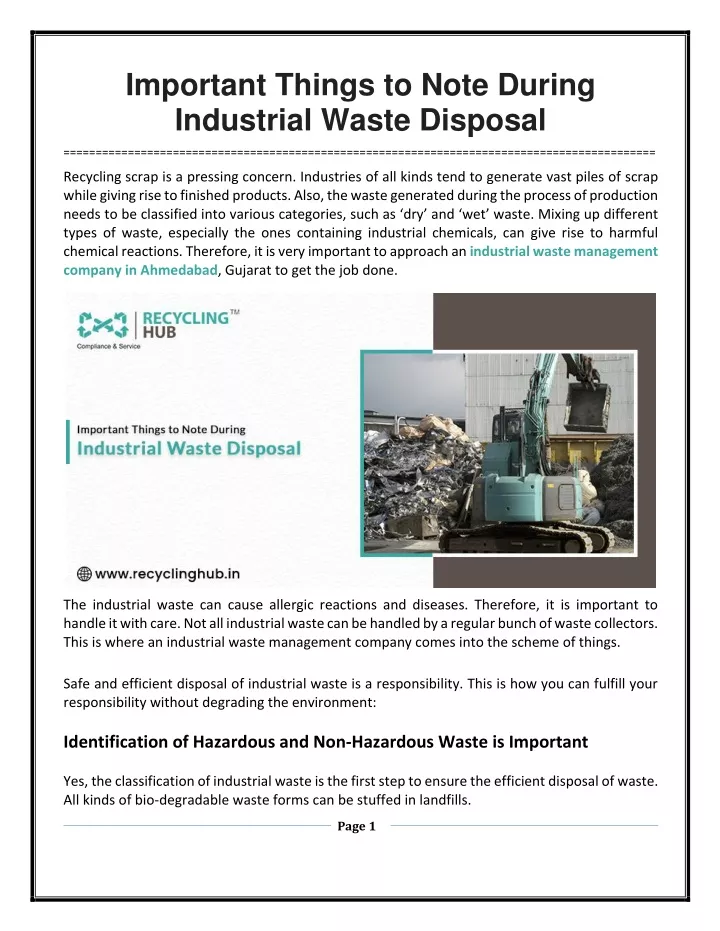 important things to note during industrial waste