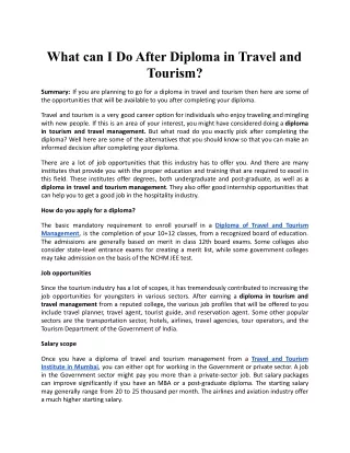 What can I Do After Diploma in Travel and Tourism