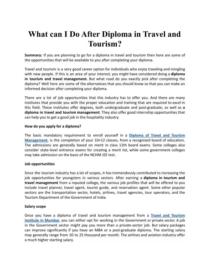 what can i do after diploma in travel and tourism