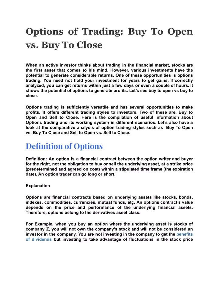 options of trading buy to open vs buy to close