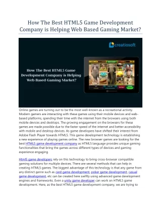 How The Best HTML5 Game Development Company is Helping Web Based Gaming Market