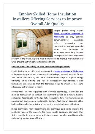 Employ Skilled Home Insulation Installers Offering Services to Improve Overall Air-Quality