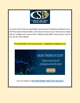 Pre Paid Debit Usd Card Account | Capitalsecuritybank.com