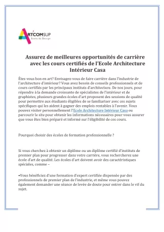 Assurez de meilleures opportunités de carrière avec les cours certifiés de l’Ecole Architecture Intérieur Casa