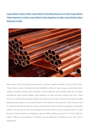 Cupro Nickel Tubes Manufacturer in India