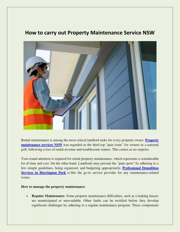 how to carry out property maintenance service nsw