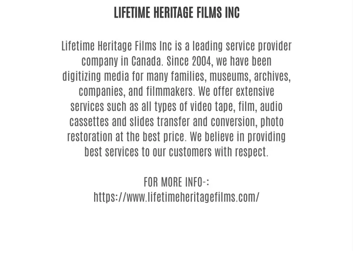 lifetime heritage films inc