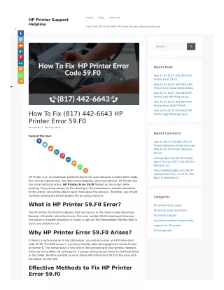 How To Fix (817) 442-6643 HP Printer Error 59.F0