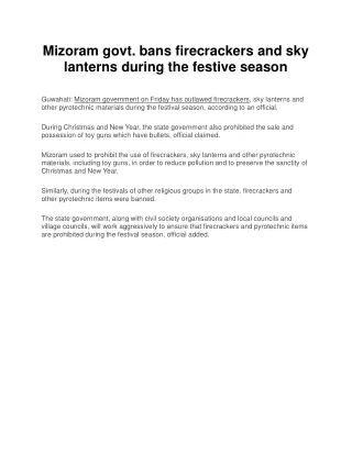 Mizoram govt. bans firecrackers and sky lanterns during the festive season