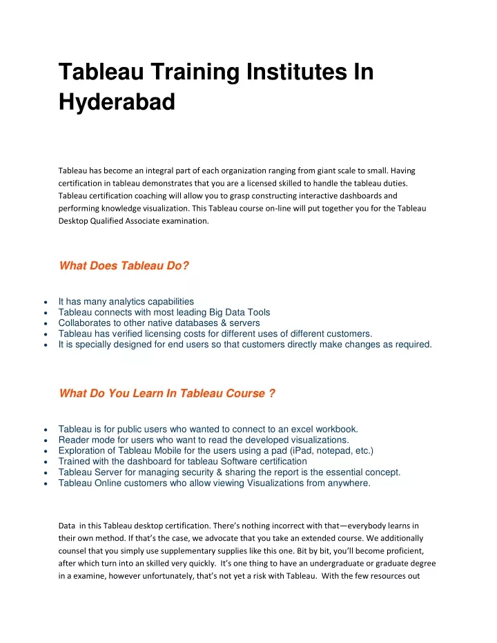 tableau training institutes in hyderabad